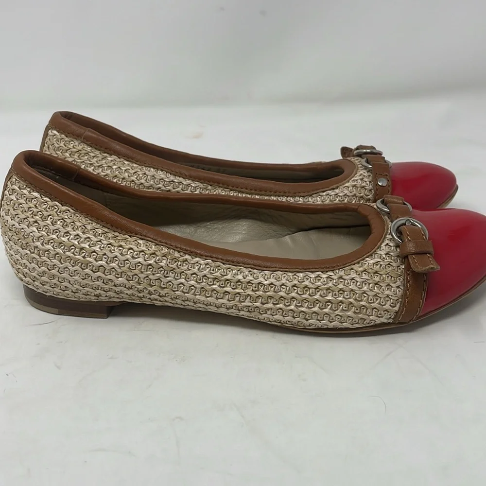 AGL Attilio Giusti Leombruni Red Patent Tan Straw Woven Ballet Flats Size 37